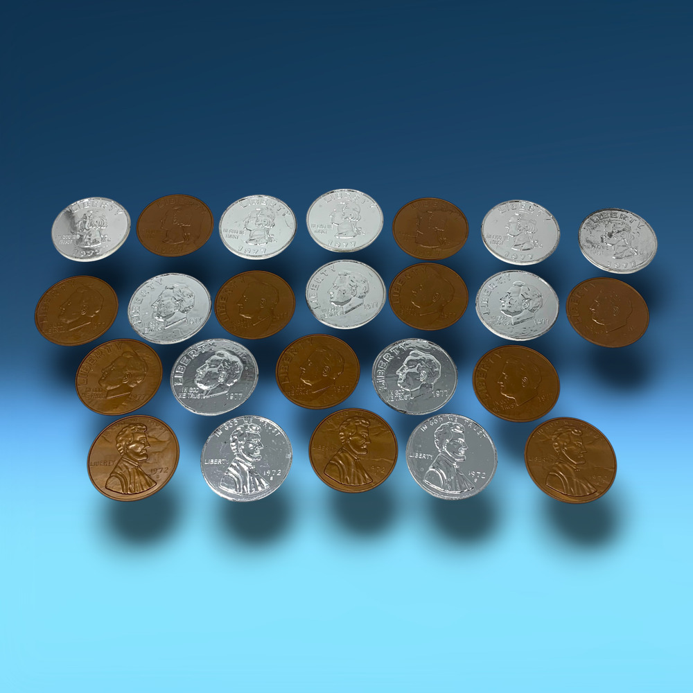 Vintage Lot 23 Oversized Novelty 1970's Coins Liberty Quarters Dimes Pennies